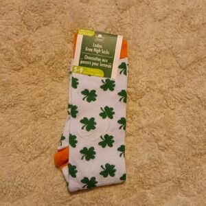 White and Green Shamrock Knee High Socks